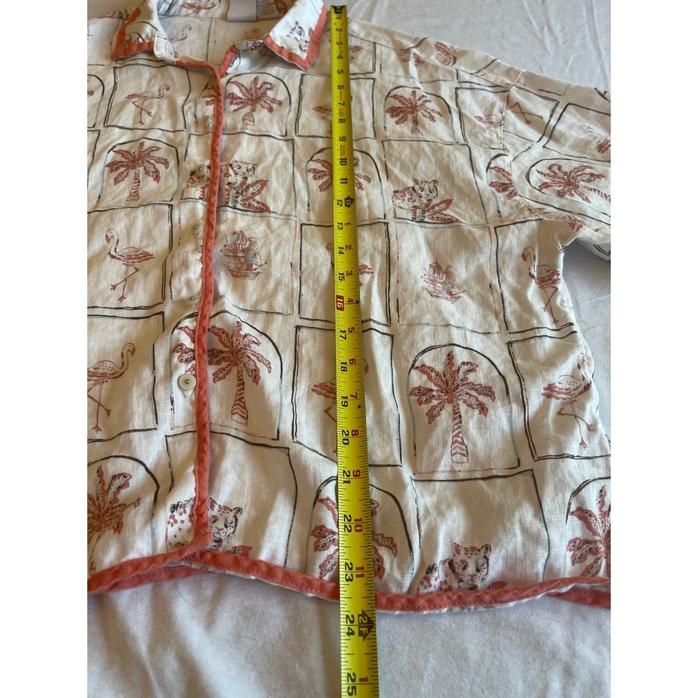 C&C California Women Lg 100% Linen Tropical Flamingo Leopard Print Shirt cream - Picture 8 of 8